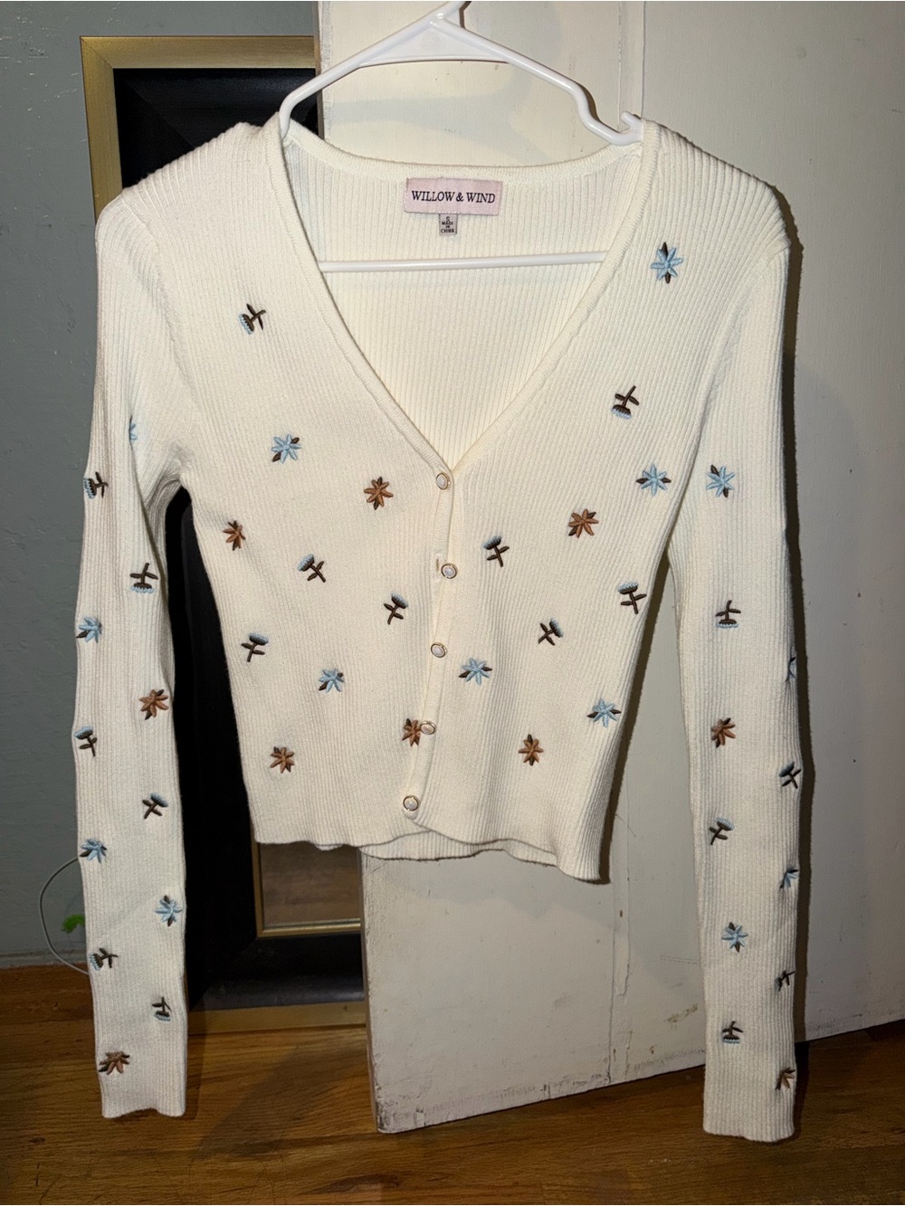 Cream Embroidered V-Neck Cardigan Sweater